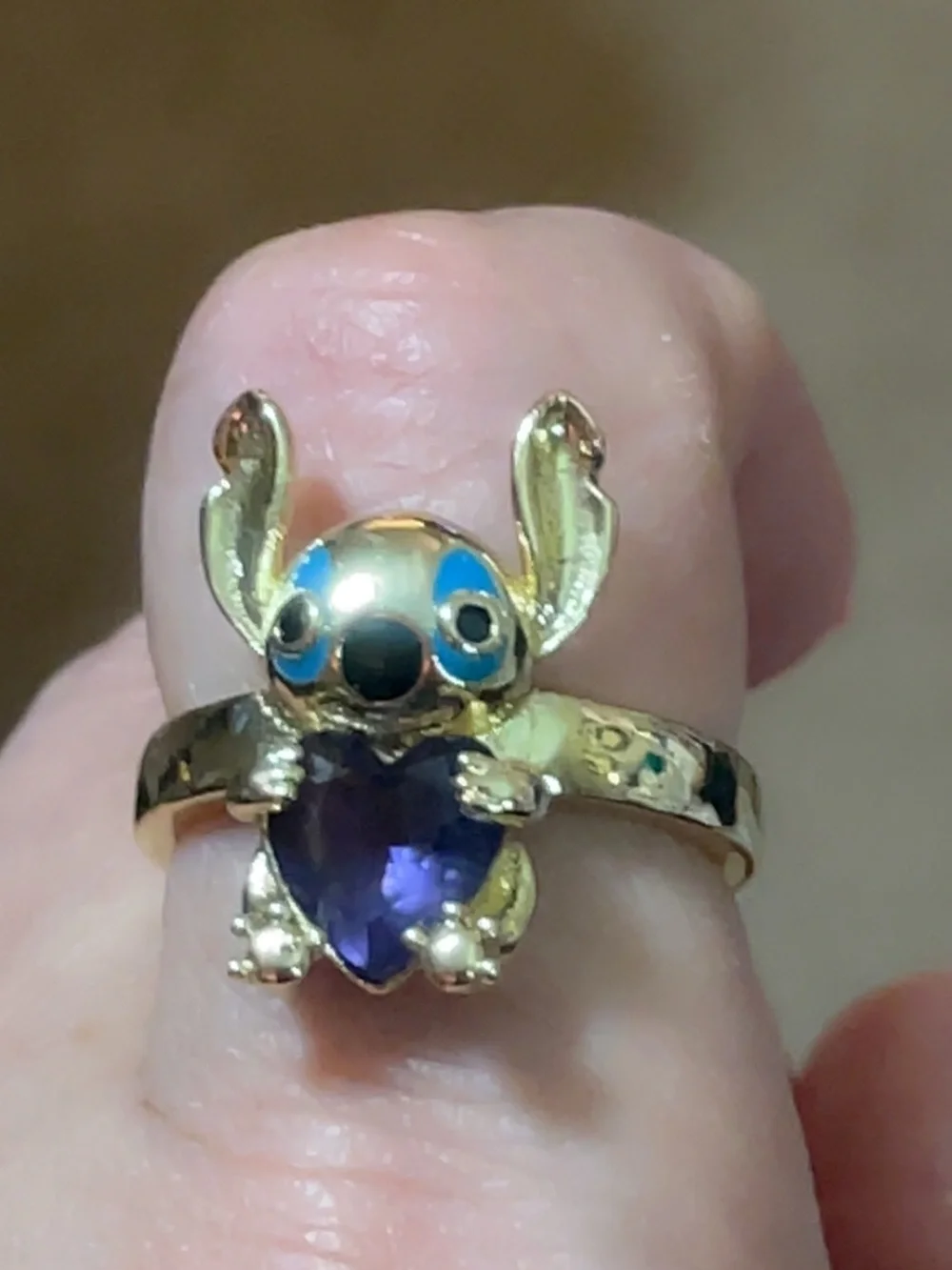 Disney Gold-Tone Stitch Ring with Purple Heart and Blue Accents